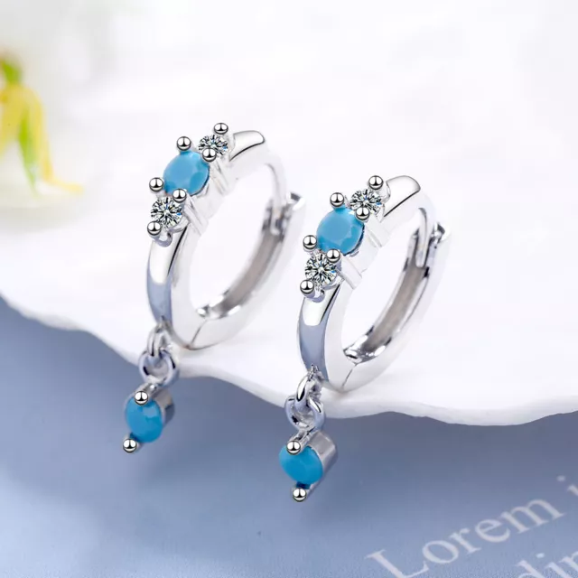 Womens Blue Turquoise Drop Earrings 925 Sterling Silver Hoop Huggie Earrings