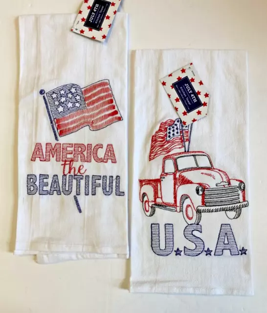 Set of 2 July 4th Patriotic Kitchen flour sack dish towels 28" x 16" 100% cotton