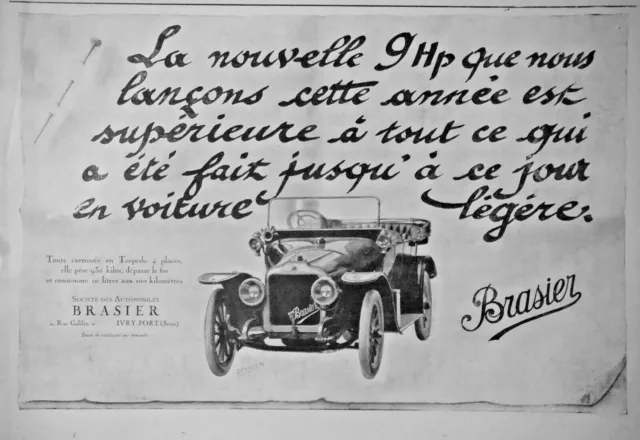 Publicité De Presse 1914 Automobiles Torpédo 9 Hp Brasier - Advertising