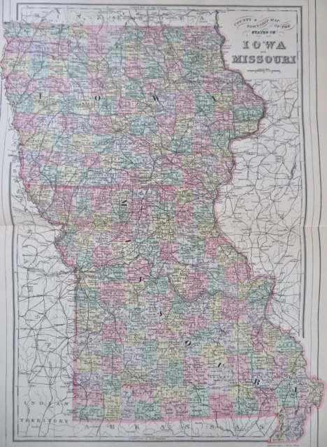 Iowa Missouri states 1894 Smith scarce large hand colored map
