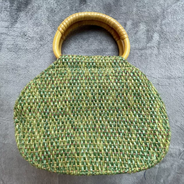 Vintage Fossil Forever Purse Green Straw Pineapple Lined Wooden Handle Clutch