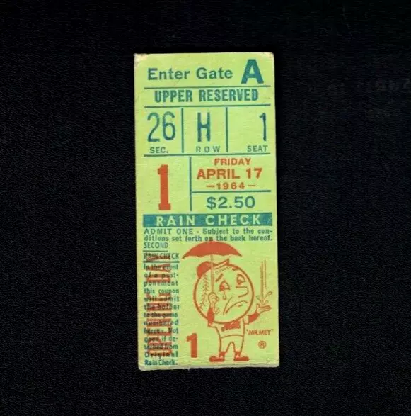 1964 New York Mets 1st Game at Shea Stadium April 17 Ticket Stub vs. Pirates VG