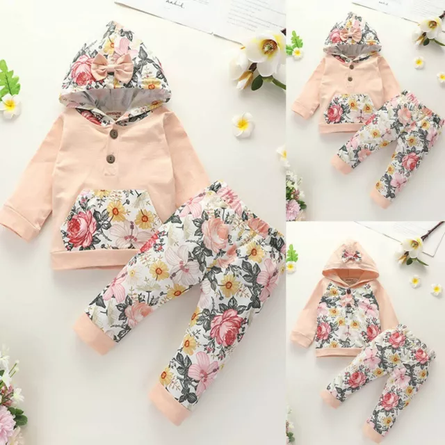 Toddler Kids Baby Girls Hooded Floral Print Tops+Floral Pant Outfits Set Clothes