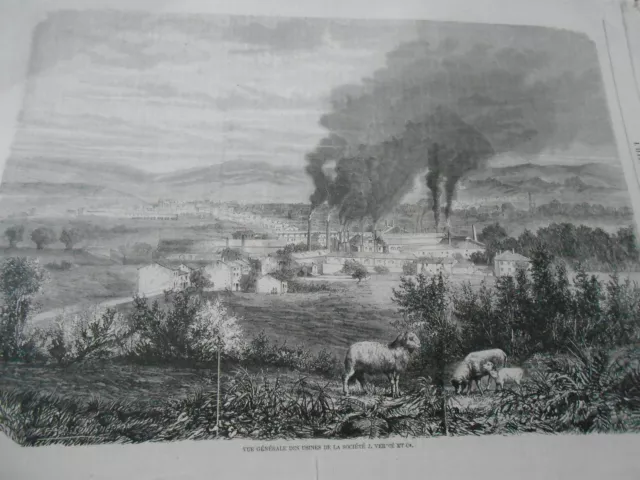 Gravure 1862 J. Verdié Vue des usines fabrique ressorts de chemins de fer