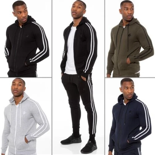 Enzo Uomo Zip Felpa IN Pile Con Cappuccio Maglia Tinta Unita Righe Casual Giacca
