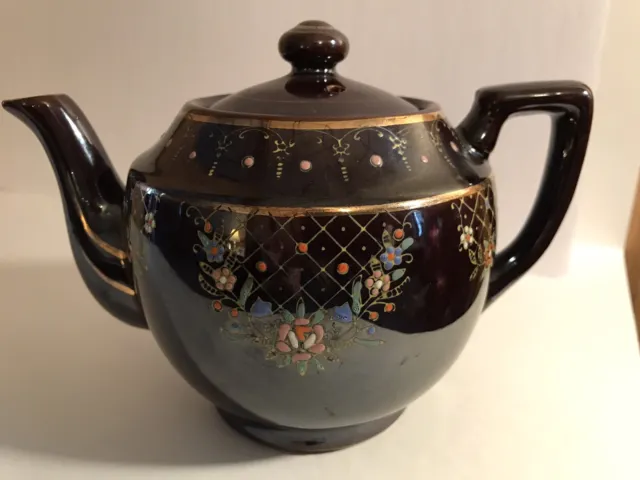 Vintage Brown Glazed Teapot w/ Raised Painted Flowers Made in Occupied Japan