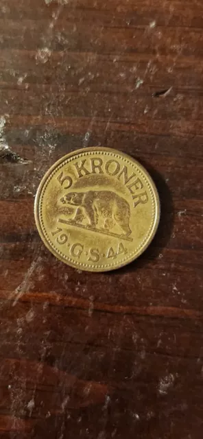 1944 Greenland 5 Kroner Polar Bear KM #9 Scarce Coin