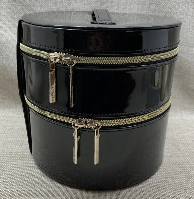 Lancôme Double Layered Round Black Makeup Cosmetic Bag Train Case 8 X 7.5 Tall