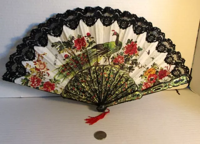 Vintage Chinese Peacock Art Paint Fan 10" X 18" Opened W Box Made In Taiwan FS