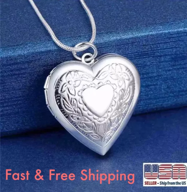 925 Sterling Silver Plated Heart Pendant Necklace Locket Picture Photo 18" N1