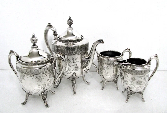 Reed & Barton Aesthetic Japanese Chased Embossed Teapot Sugar Creamer & Slop Set
