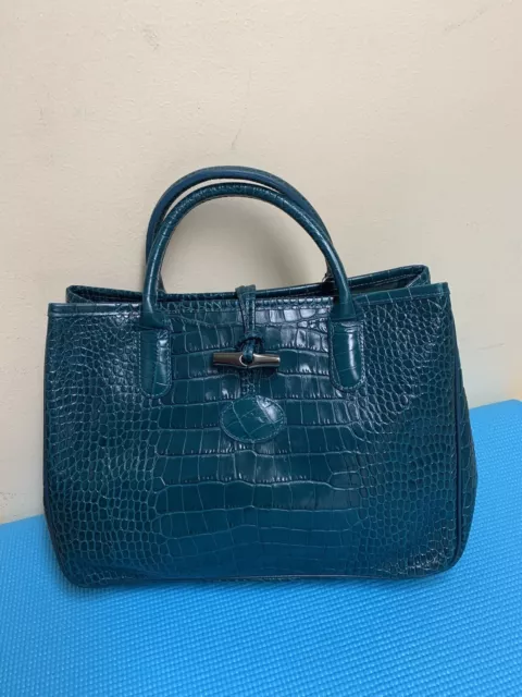 NWT LONGCHAMP CROC EMBOSSED ROSEAU Hobo Shopper Leather Tote Bag Duck Blue