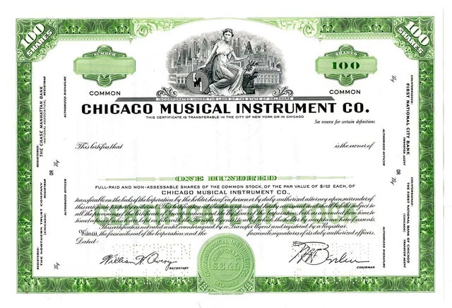 Chicago Musical Instrument CO., 1968 Specimen Stock Certificate