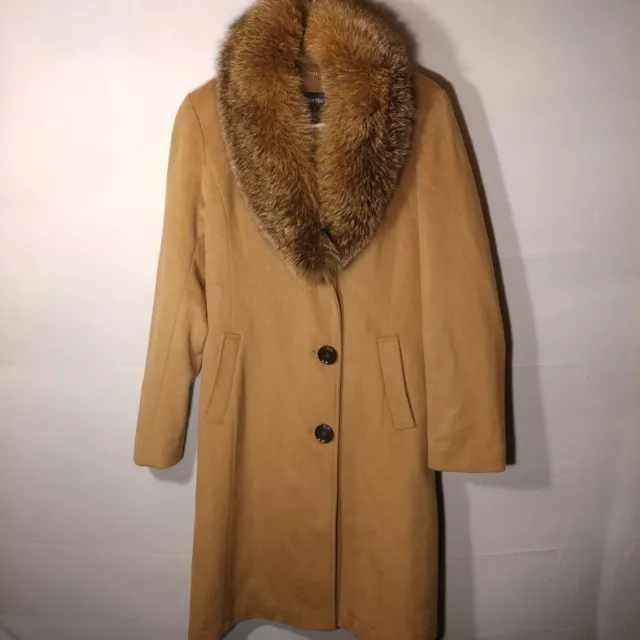 Ellen Tracy Womans Size 4 Tan Brown Wool Blue Frost Fox Trim Trench Coat Jacket