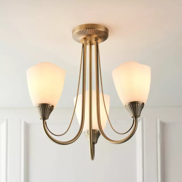 ADLEY Antique Brass 3 Way E14 Ceiling Light with Opal Glass Shades - Semi Flush