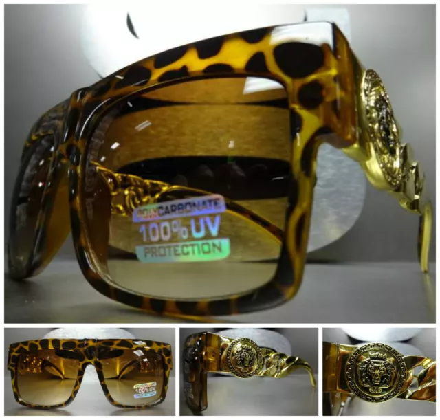 Grande Vintage Retro Hip Hop Gafas de Sol Estilo Carey & Cadena Oro Marco