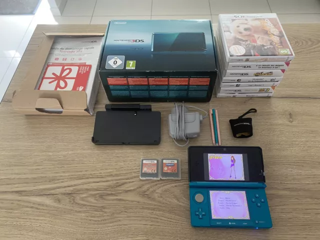 Console Nintendo 3Ds Aqua Blue En Boîte + Jeux (Mario, Luigi’s Mansion…) Tbe Fr