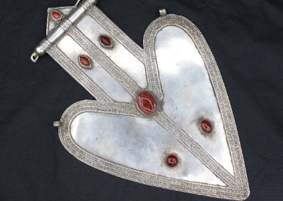Turkmen Silver Carnelian Stone Asyk Large Pendant, Heart Shape Triba Pendant #03