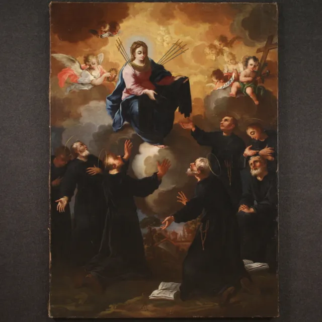Retable peinture religieuse huile toile ancienne Madone frères 18ème siècle 2