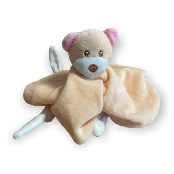 Doudou Mouchoir plat Emy la Souris, Toucher Velours, Pêche/Blanc, Finition brodé