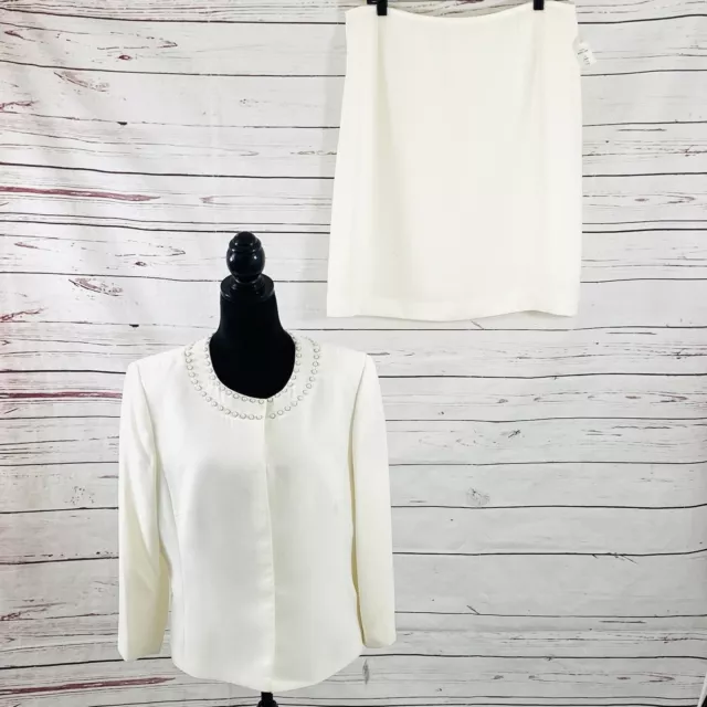 Tahari Asl  2PC Skirt Suit Women’s 16 Ivory Blazer Buttons Pearls Beaded NWT