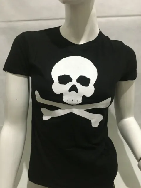 T-shirt da donna con stampa Teschio Bianco maglietta Nera maglia Skull TG M new