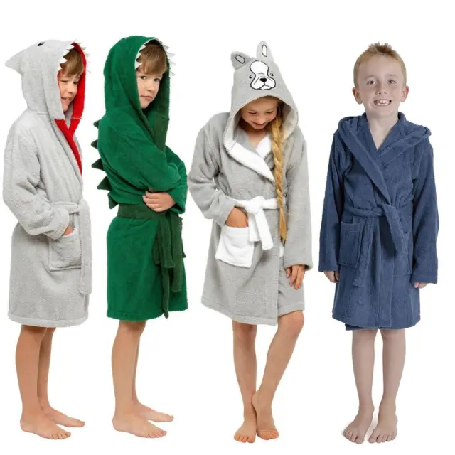 Kids Towelling Robe Boys Girls Childrens Hooded Dressing Gown Age 7-13 Years