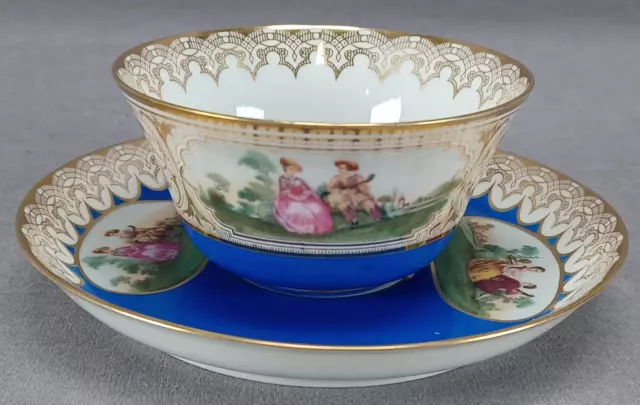 Late 19th Century Sevres Style Courting Couple Blue & Gold Tea Cup & Saucer A