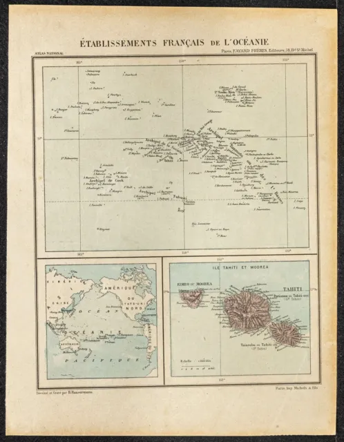 1896 - French Colonies of Oceania - Tahiti - Ancient Geographic Map
