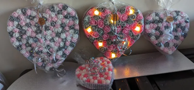 Heart Handmade with White/pink/grey Foam Roses 10cm with diamonds and lights.