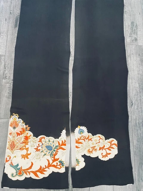 Orient #A 13.5x65 LONG Antique Tomesode Black Silk Japanese Kimono Fabric ToD59 2