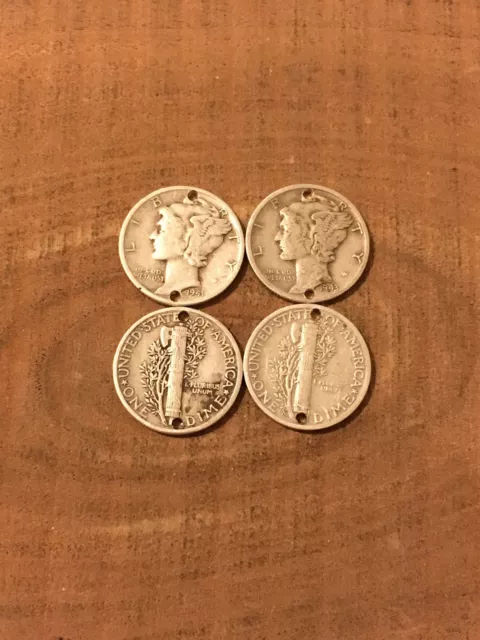 4 Holed MERCURY DIME Coins For Jewelry Or BRACELET-Buttons-90% Silver!