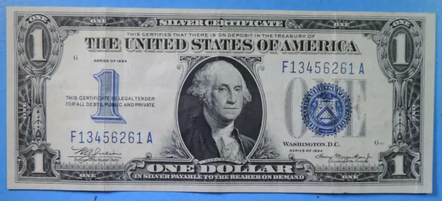 1934 $1 One Dollar US Silver Certificate Note Funny Back FR# 1606