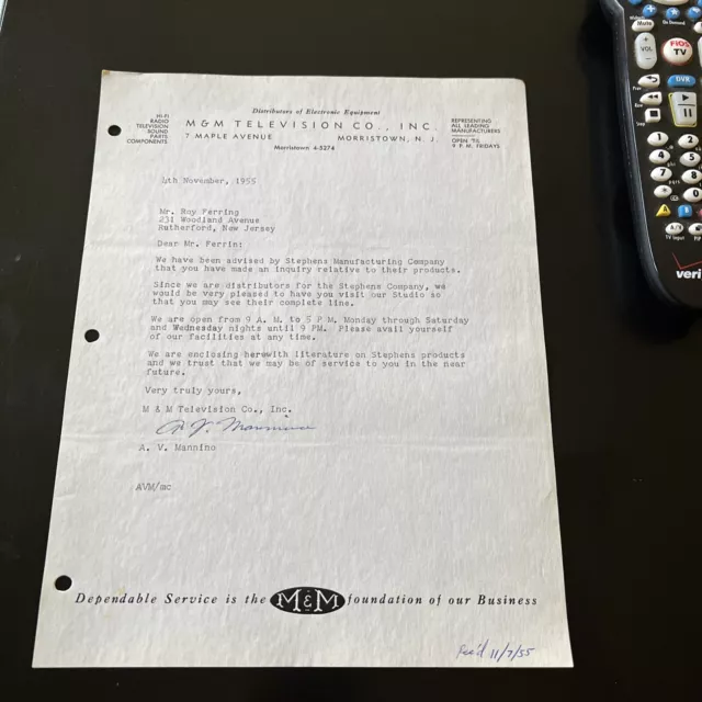 1955 M&M TELEVISION MORRISTOWN NJ Letterhead Stationery signed A V MANNINO