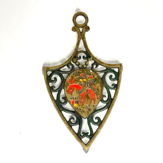 Vintage MCM Brass and Enamel Trivet Made in Israel Oppenheim Donkey Spade Shape