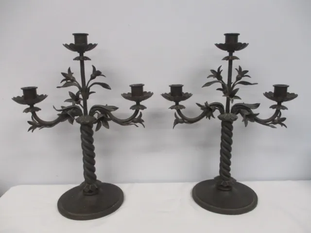 PAIR OF HEAVY WROUGHT IRON 3 LIGHT CANDELABRAS with FLOWERS ~ 15" HIGH