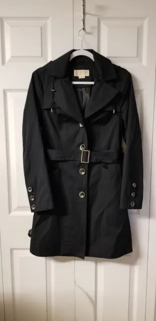 Michael Kors womens black trench coat with detachable hood and wrap around belt