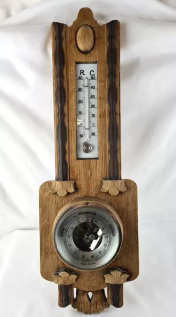 Antike sehr dekorative Wetterstation Holz, Barometer und Thermometer