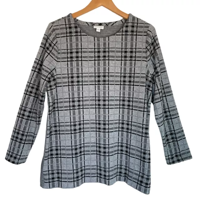 J Jill Womens L Gray Black Plaid Tunic Top Sweater Silver Metallic Long Sleeve