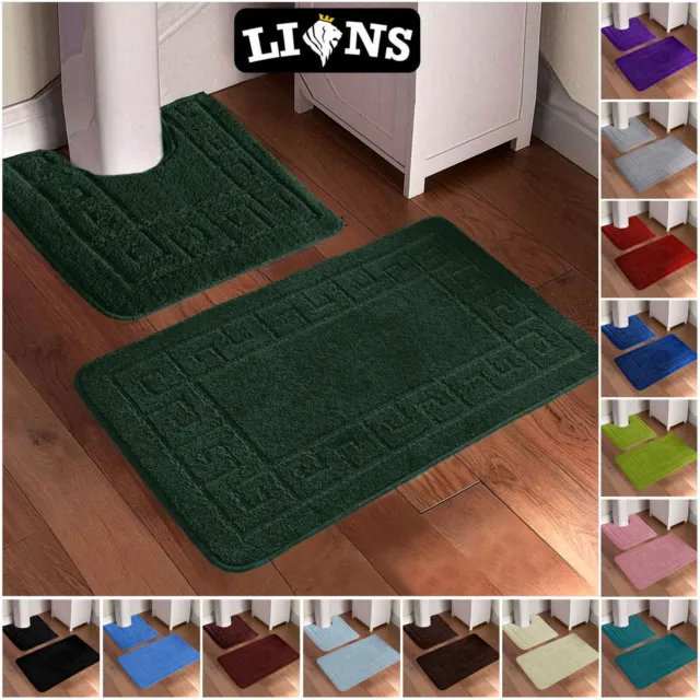 2 PIECE JACQUARD GREEK BATH MAT Toilet Pedestal Set Non Slip Bathroom Rugs Mats