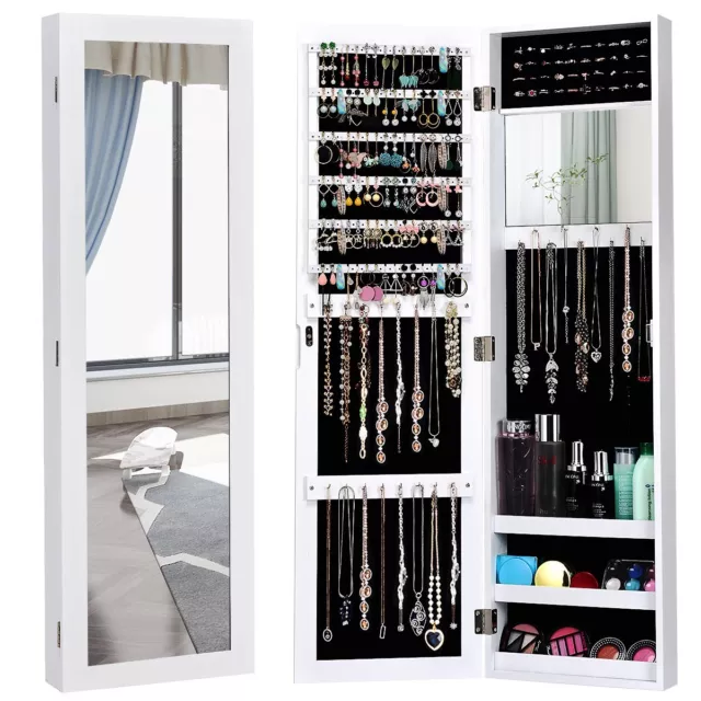 Mirrored Jewelry Cabinet Wall Mounted Hanging Jewelry Armoire w/Length Mirror