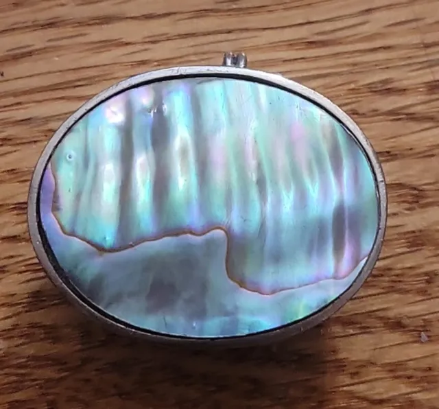 Handmade Sterling Silver Oval Pill Box with Abalone Inlay Hinge and Latch