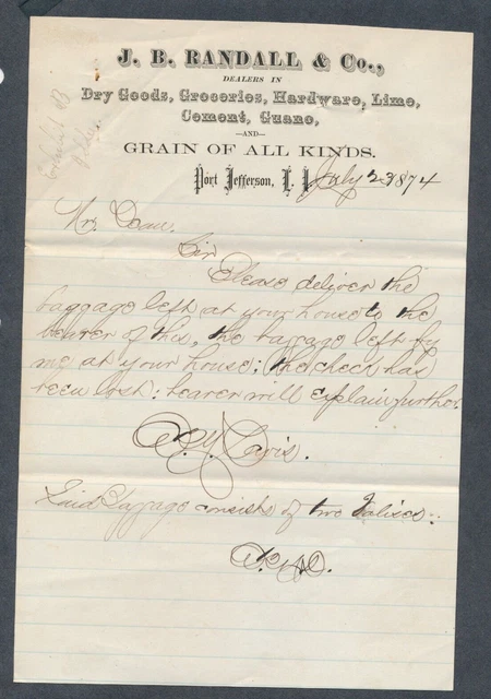 J. B. Randall & Co., Port Jefferson LI NY 1874 letterhead baggage delivery