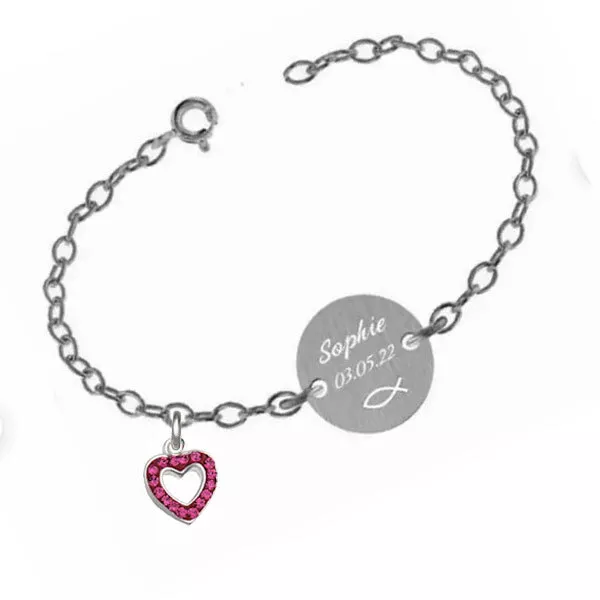 Baby Taufarmband Christenfisch mit Herz Anhänger, Silber 925, Gravur