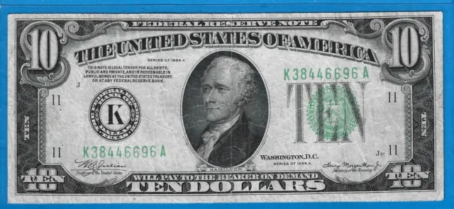1934 A $10 FRN K-Dallas,Green Seal,Circ Choice VF,Nice!