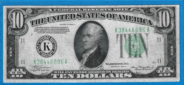 1934 A $10 FRN K-Dallas,Green Seal,Circ Choice VF,Nice!