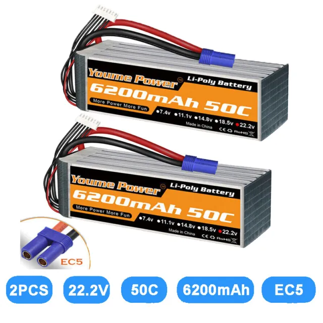 2Pcs Youme 22.2V 6S 6200mAh LiPo Battery EC5 For RC Helicopter Quad Car Truck