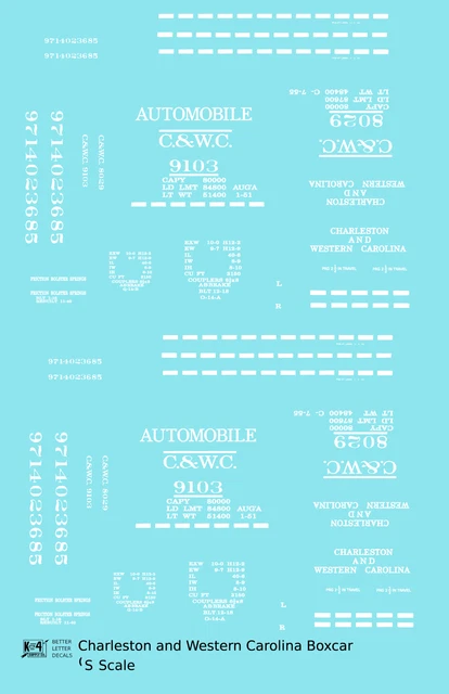 K4 S Scale Decals Charleston and Western Carolina 40 Ft Boxcar White