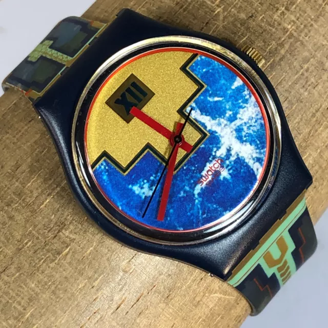 Vintage 1991 Men’s 33mm Swatch Watch GN114 BLUE FLAMINGO Aztec Works