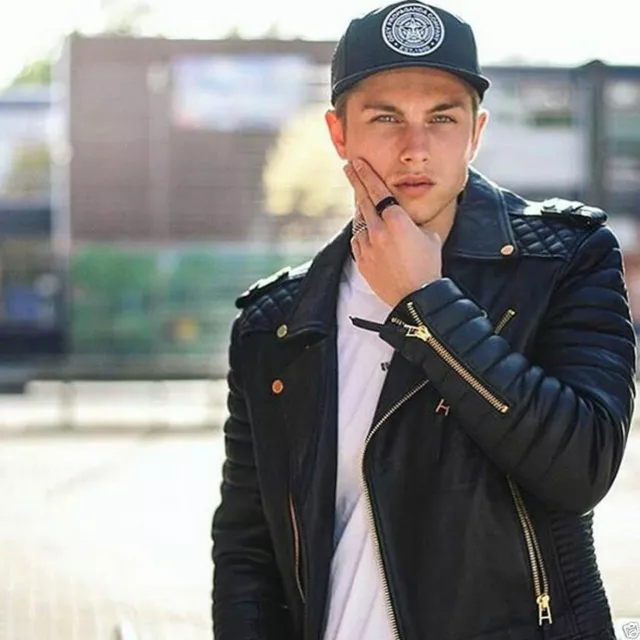 Men's Genuine Lambskin Quilted Leather Motorcycle Slim fit Black Biker Jacket